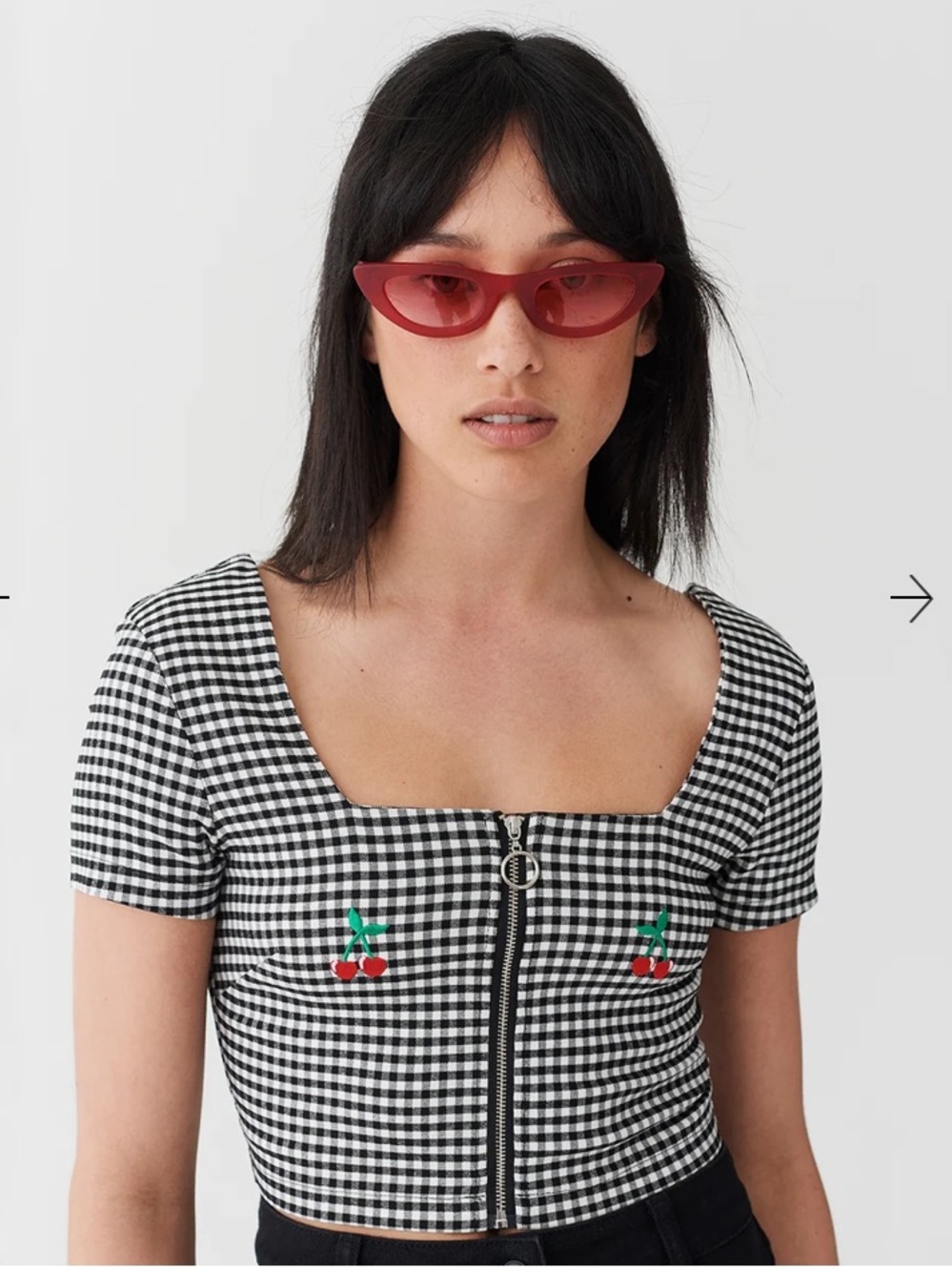 Lazy Oaf Black & White Gingham Zip Crop Top with Cherry Motifs